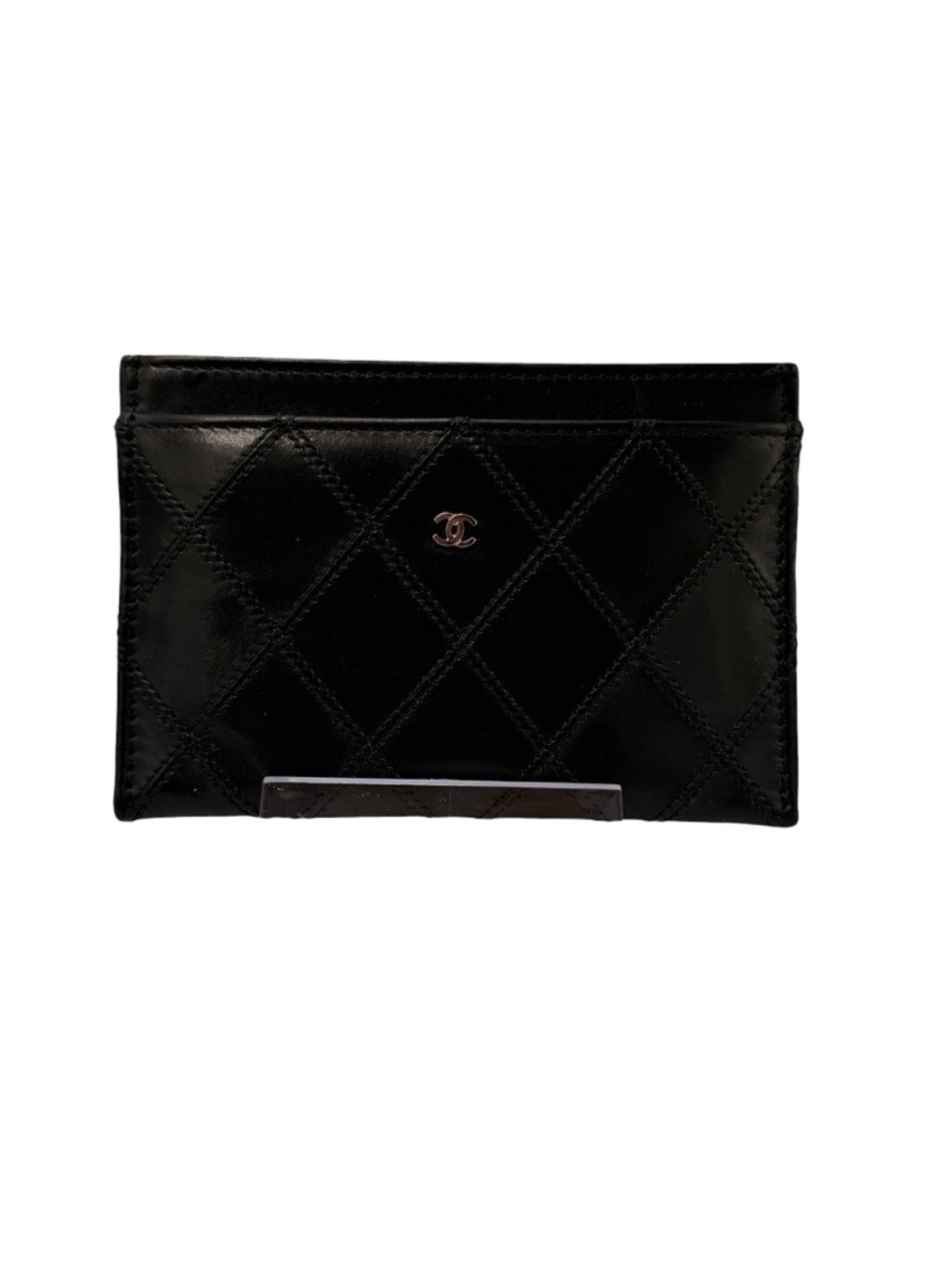 Chanel CC Quilted Lambskin Card Holder Black Silver Hardware